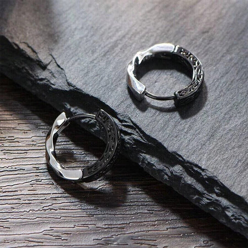 Retro Tang Grass Grain Sense Textured Black Silver Niche Men Women Hoop Earrings